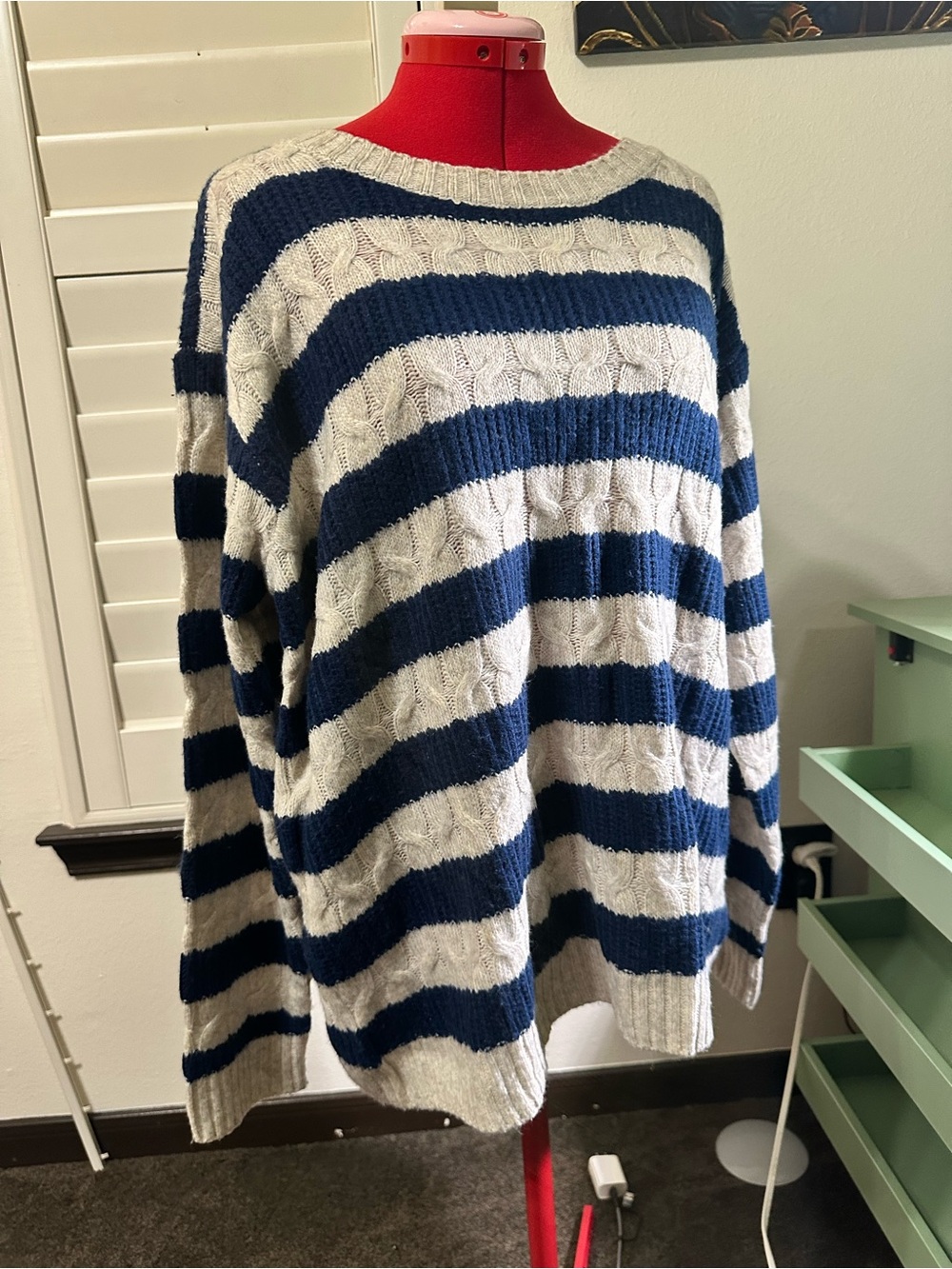 St. John's Bay Navy and Cream Striped Cable Knit Sweater